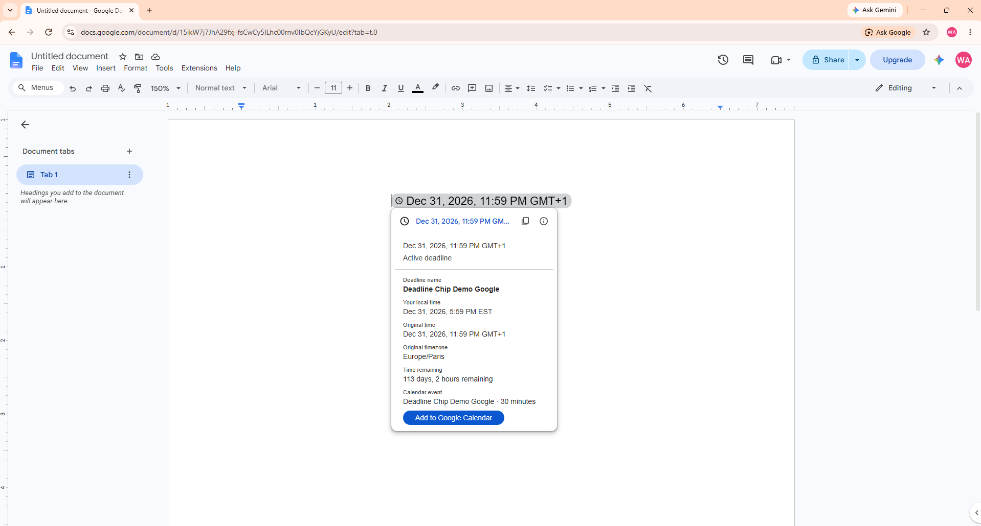 Deadline Chip running inside Google Docs