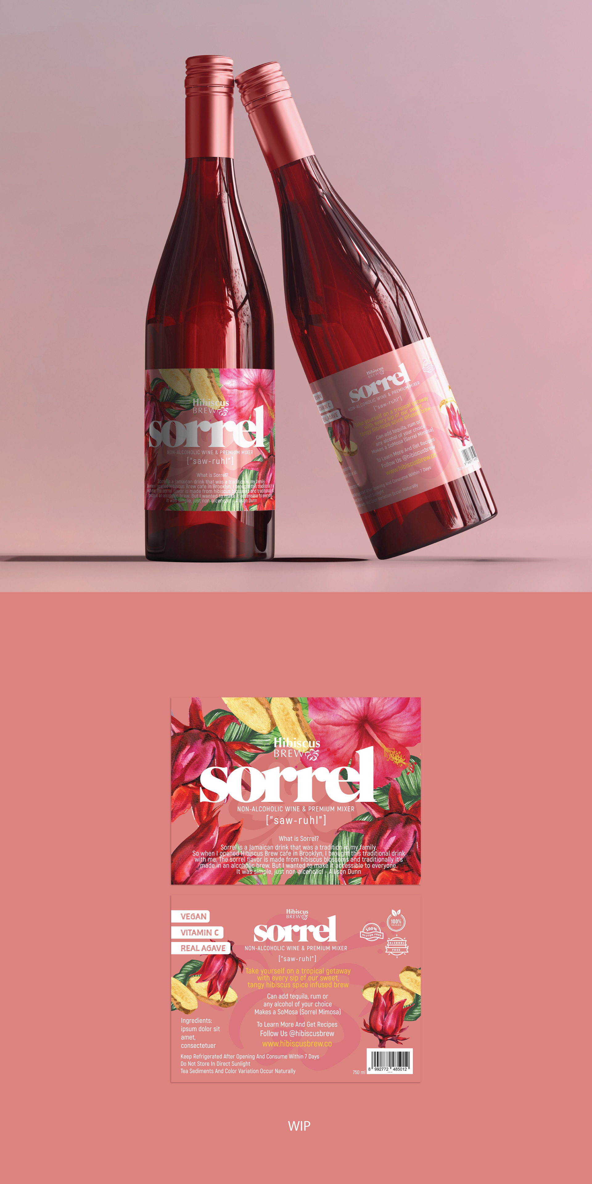 Beverage label design shown on bottles and as a flat label.