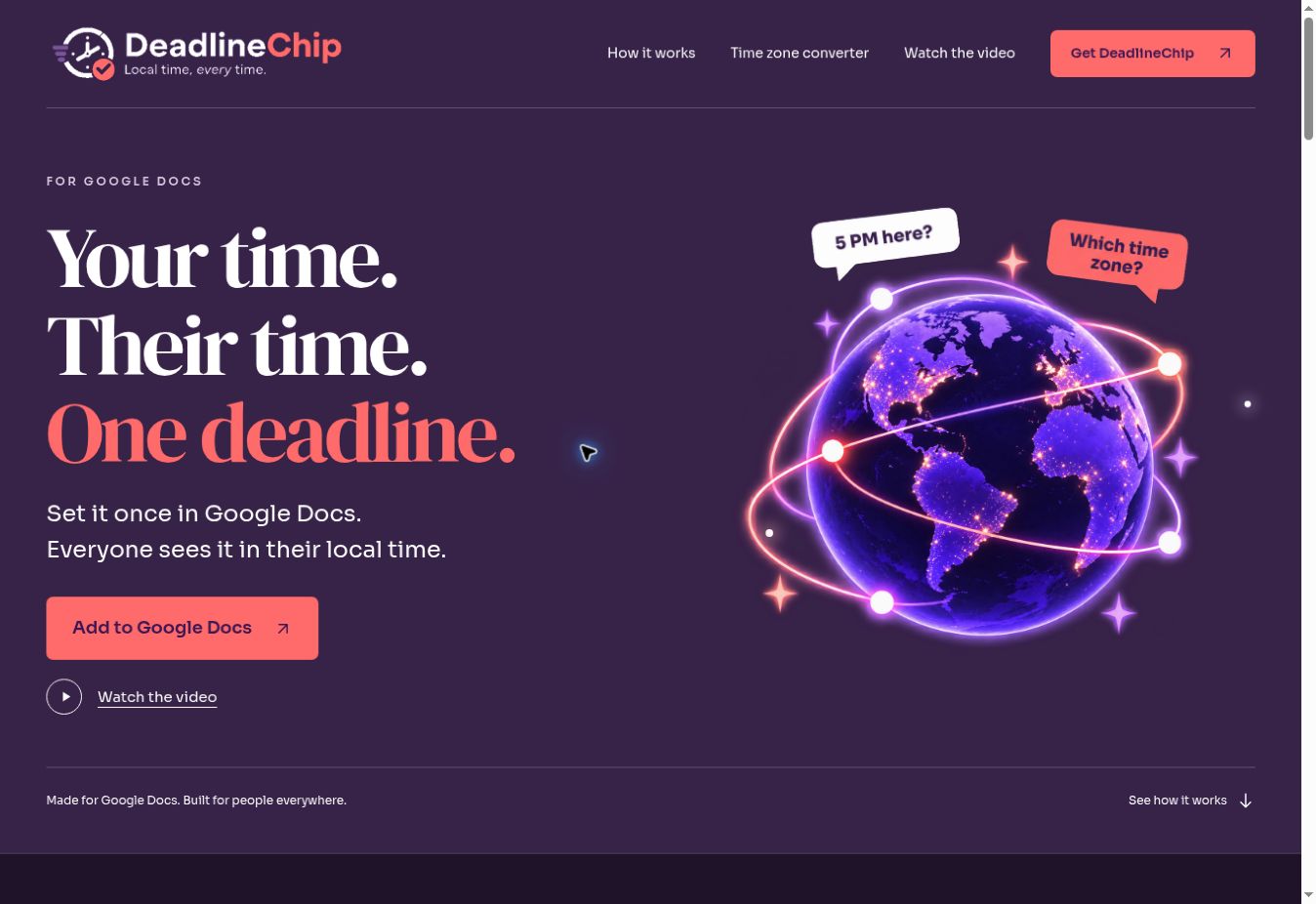 I created DeadlineChip so people sharing a deadline in Google Docs can see it in their own time zone.